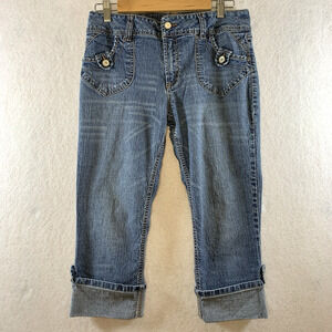 Vintage 90s Gitano Womens Y2K Capri Jeans Sz 10 Blue Rolled Cuff Button Mid Rise